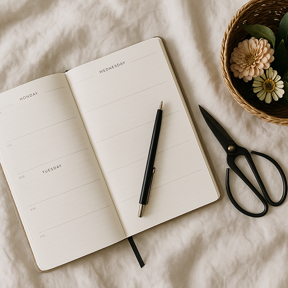 Planning book on a soft cloth with scissors and flower